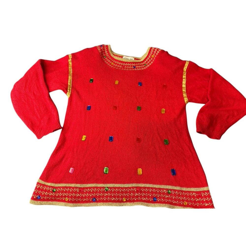 Vintage Victoria Jones Medium Sweater Jeweled Red & Gold Ugly Christmas Holiday